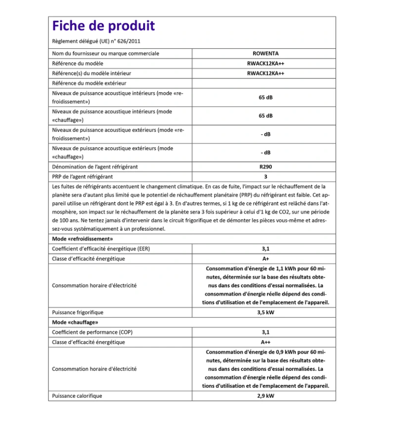 Aire Acondicionado Portátil Réversible Rowenta RWAC12KA++ – Classe A+/A++, R290, 5 Fonctions