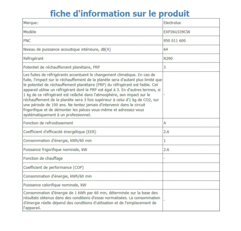 Aire Acondicionado Portátil Electrolux EXP26U339CW Comfort 600 – 2600 W, Classe A, R290, 64 dB