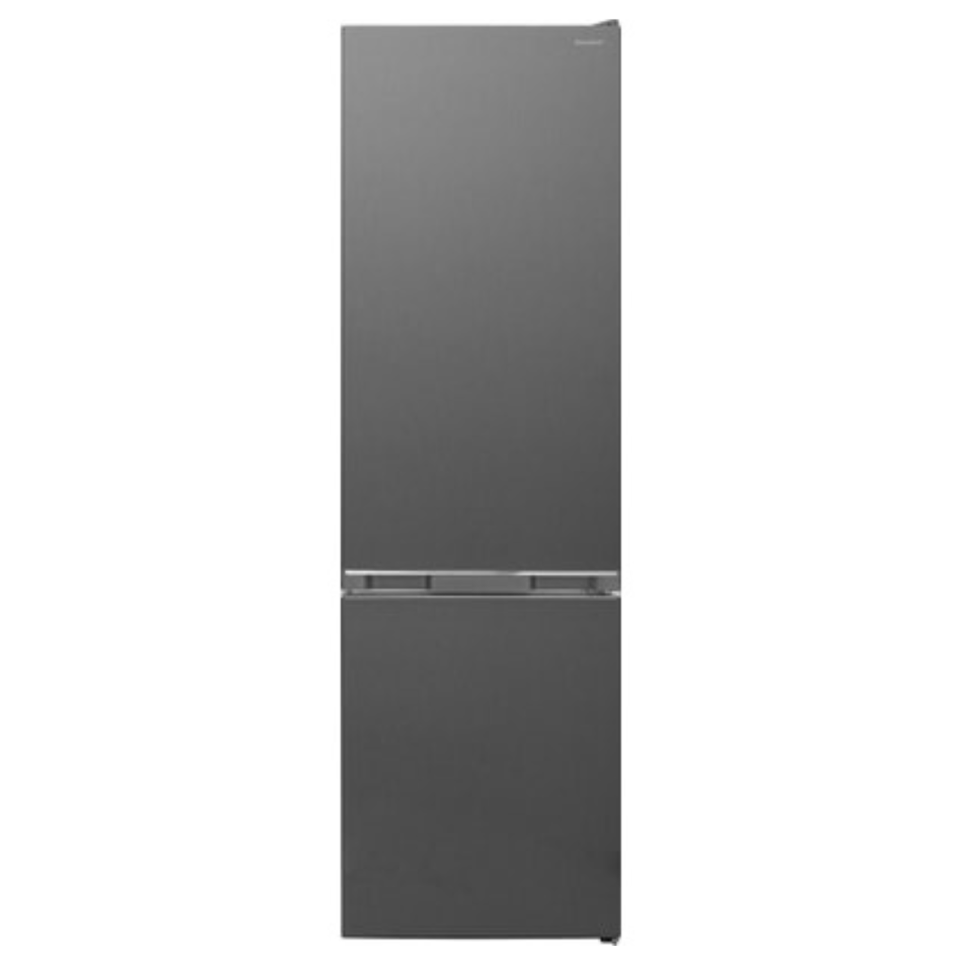 Frigorífico Sharp SJ-BB05DTXLF blanco con puerta doble y compartimentos de almacenamiento visibles.