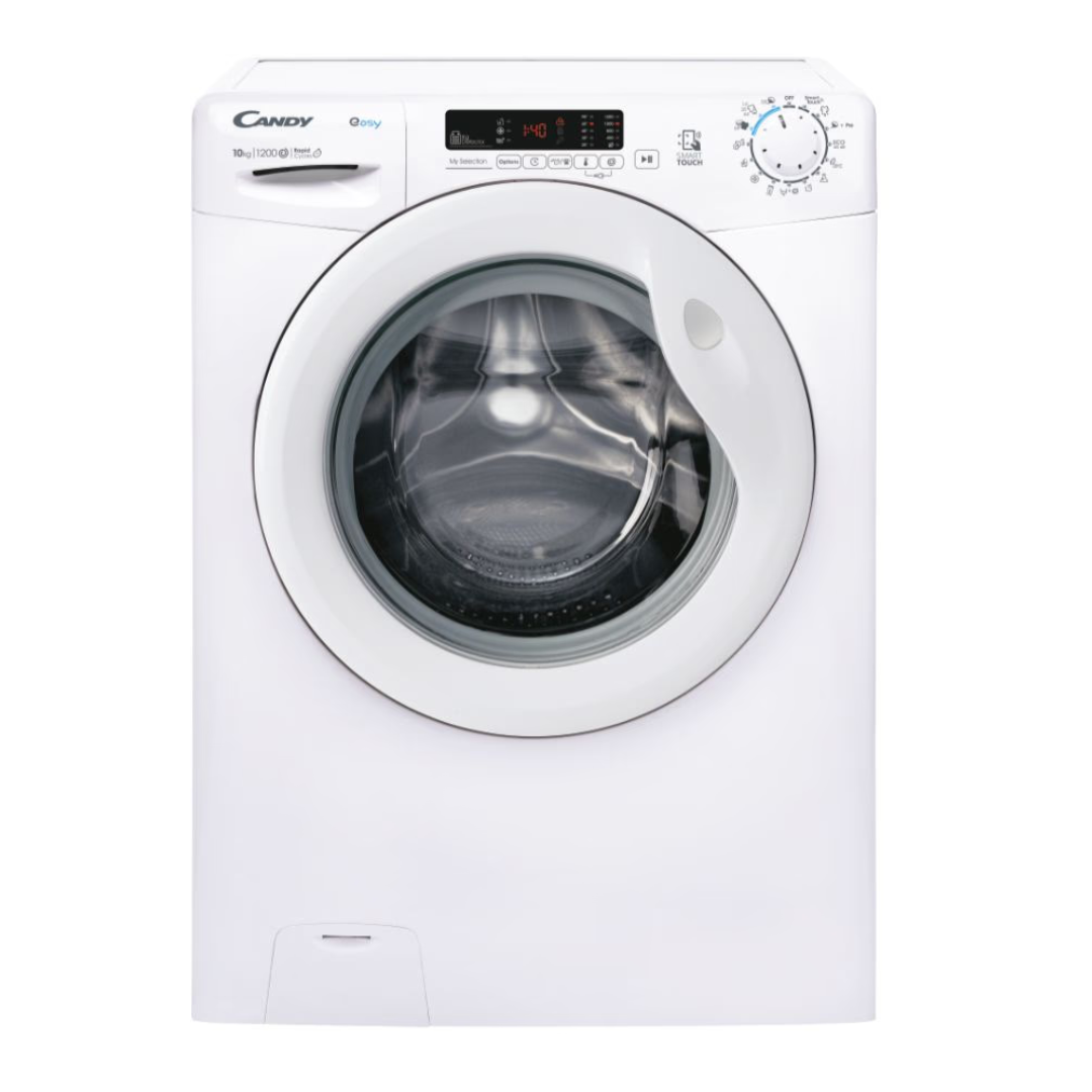 Lavadora Candy EY12102DE/1-S en façade avec porte blanche et commandes en haut, vue de face.