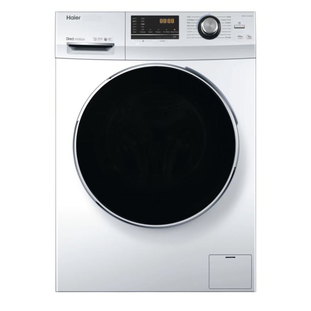 Lavadora Haier HW90-B14636N con puerta de cristal, pantalla digital y tambor de acero inoxidable.