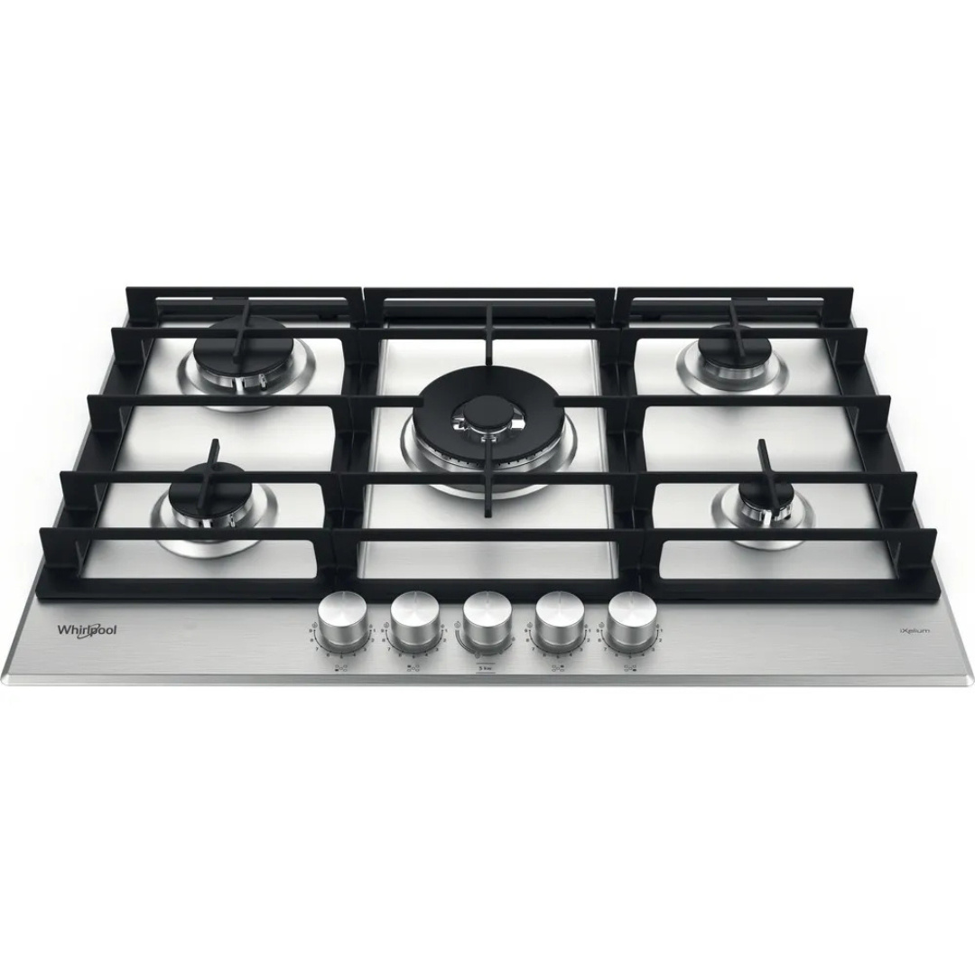 Placa de cocina Whirlpool GMWL 758/IXL avec surfaces en verre et commandes tactiles, vue de face.