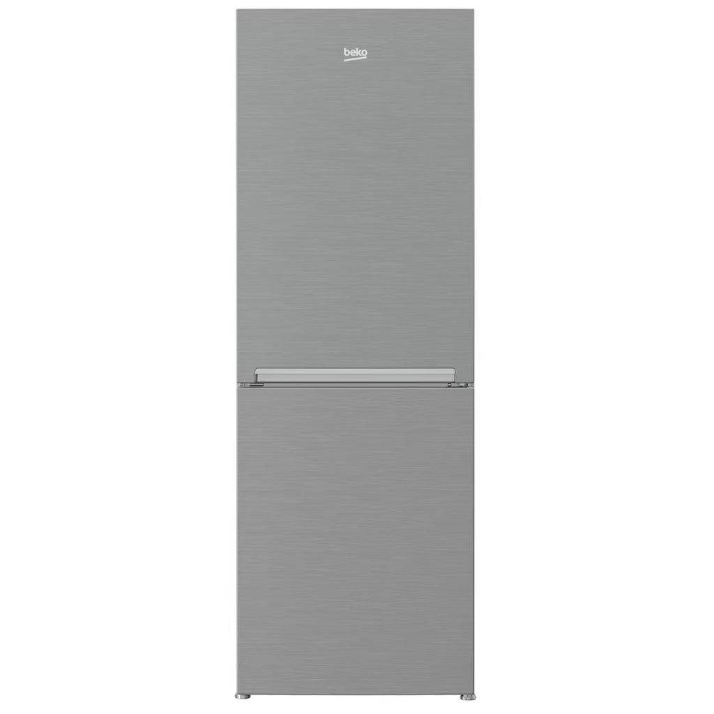 Frigorífico BEKO RCNA340I30SN moderno con puertas de acero inoxidable y espacio de almacenamiento interior espacioso.
