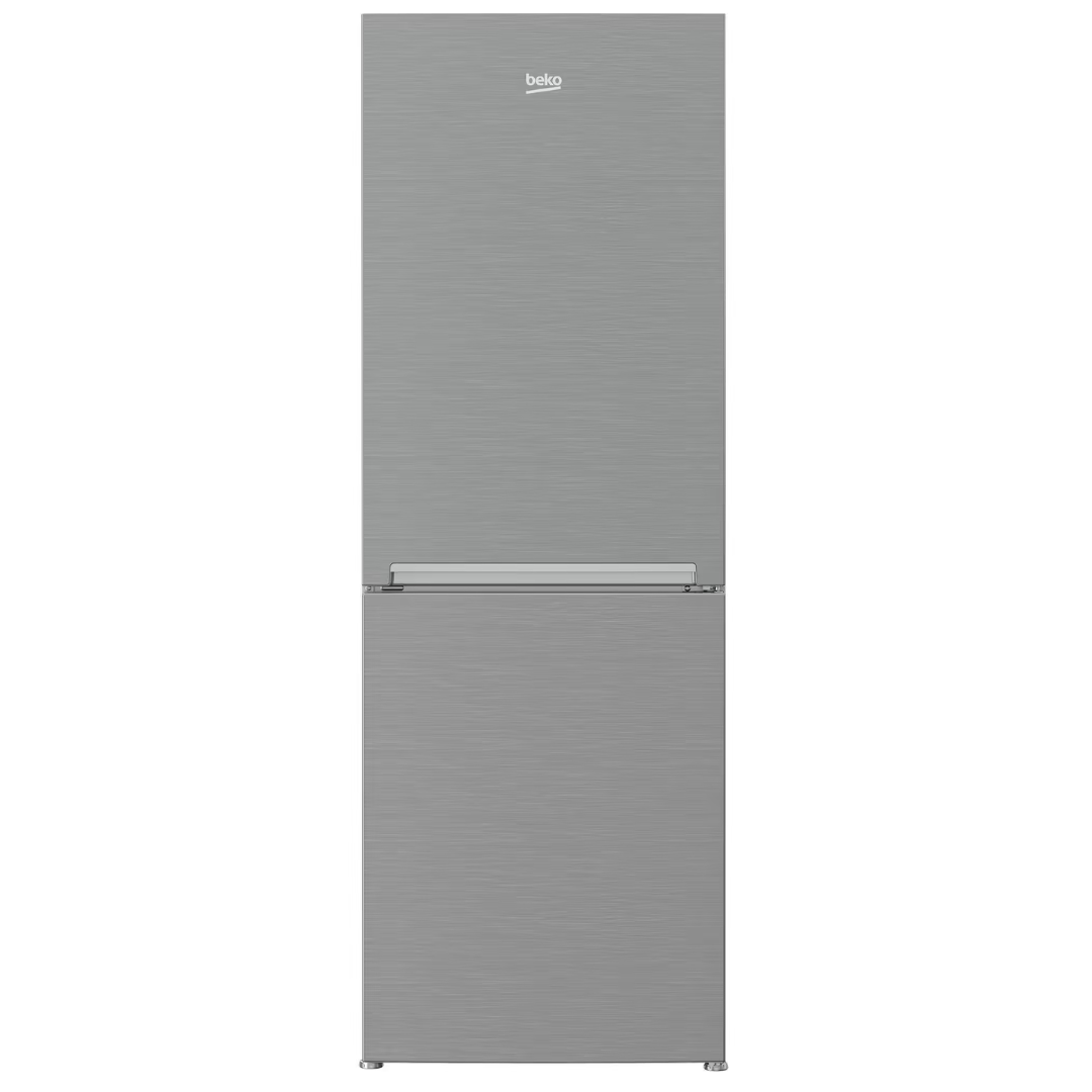 Frigorífico BEKO RCNA340I30SN moderno con puertas de acero inoxidable y espacio de almacenamiento interior espacioso.