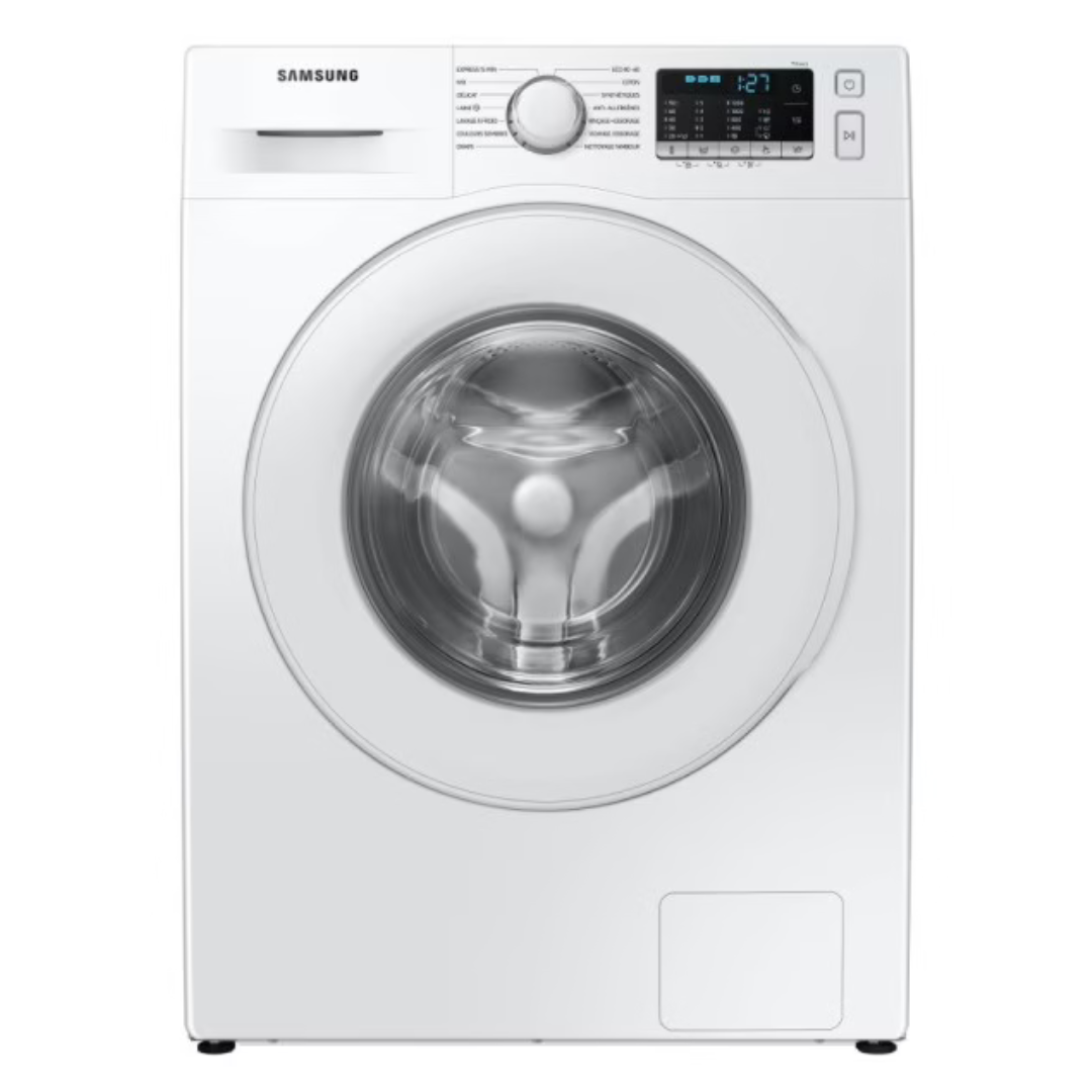 Lavadora Samsung WW80TA026TE/EF avec porte en verre et panneau de contrôle numérique, vue de face.