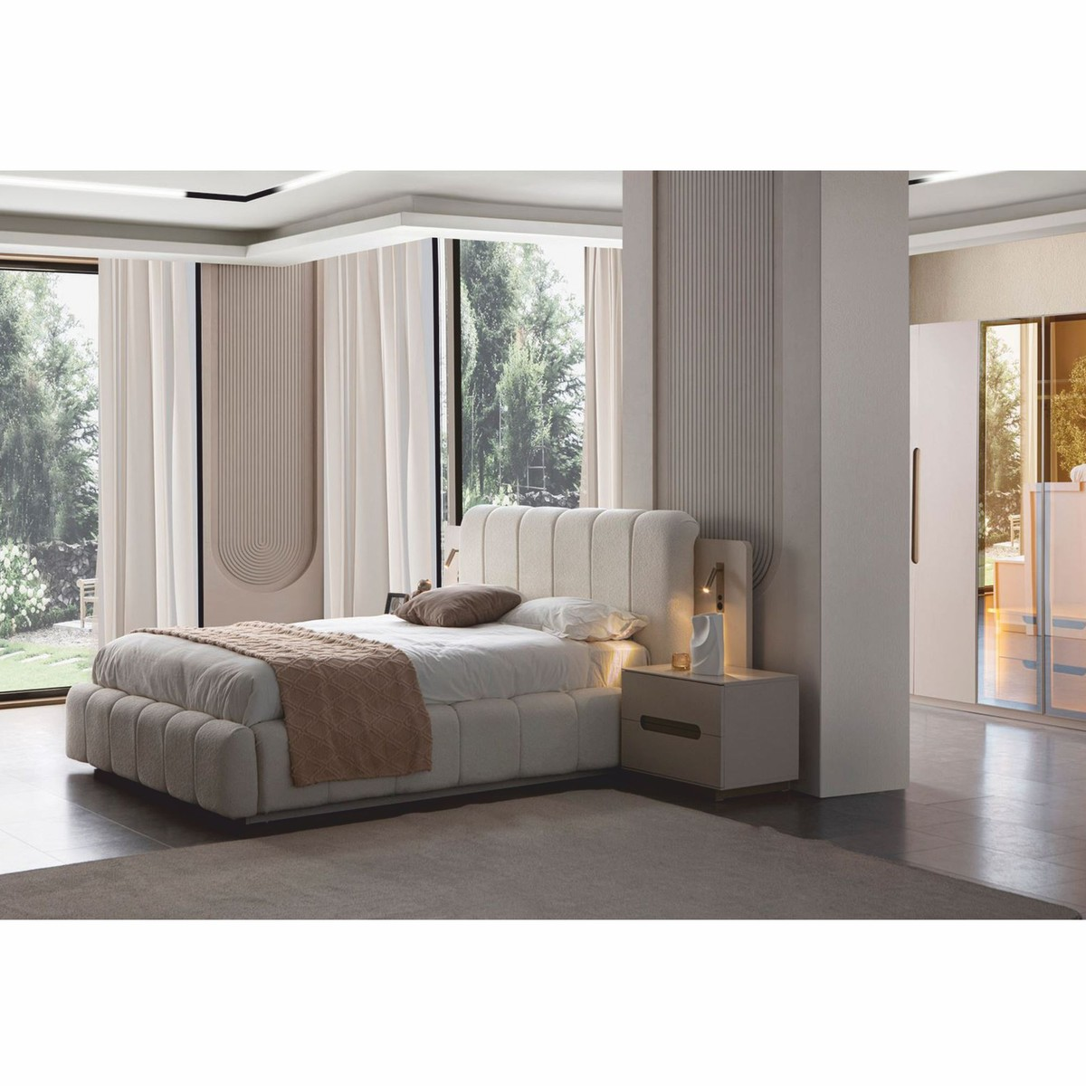 Juego de dormitorio de lujo Casa Padrino blanco / gris – 1 cama doble y 2 mesitas de noche