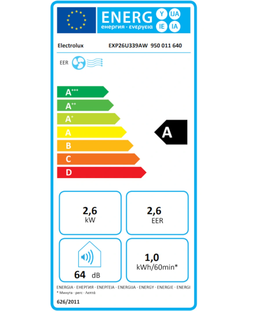Aire Acondicionado Portátil Electrolux EXP26U339AW Comfort 600 – Classe A, R290, Connecté, 64 dB