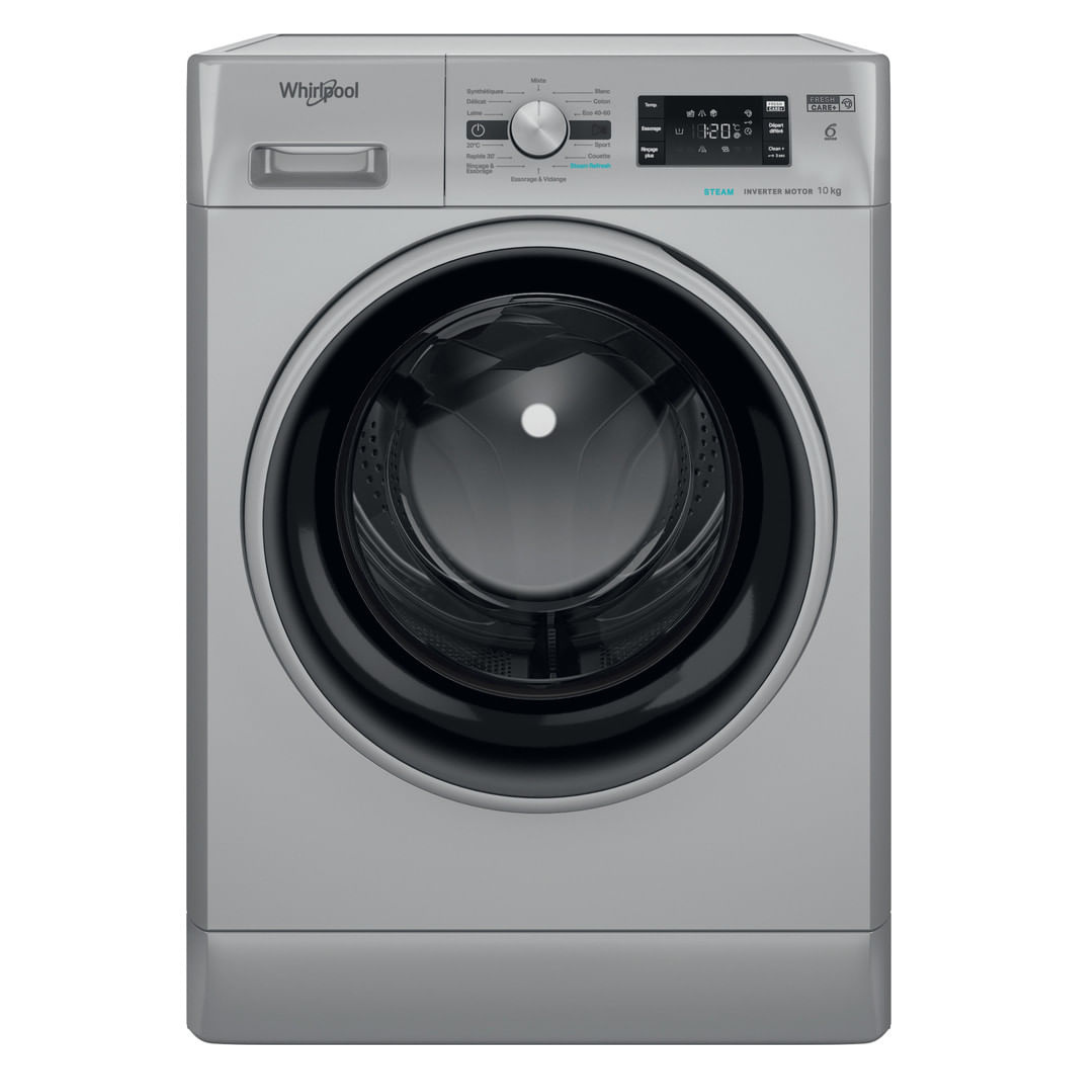 Lavadora Whirlpool FFBP10469SBSVFR con puerta de cristal y controles digitales, vista frontal.