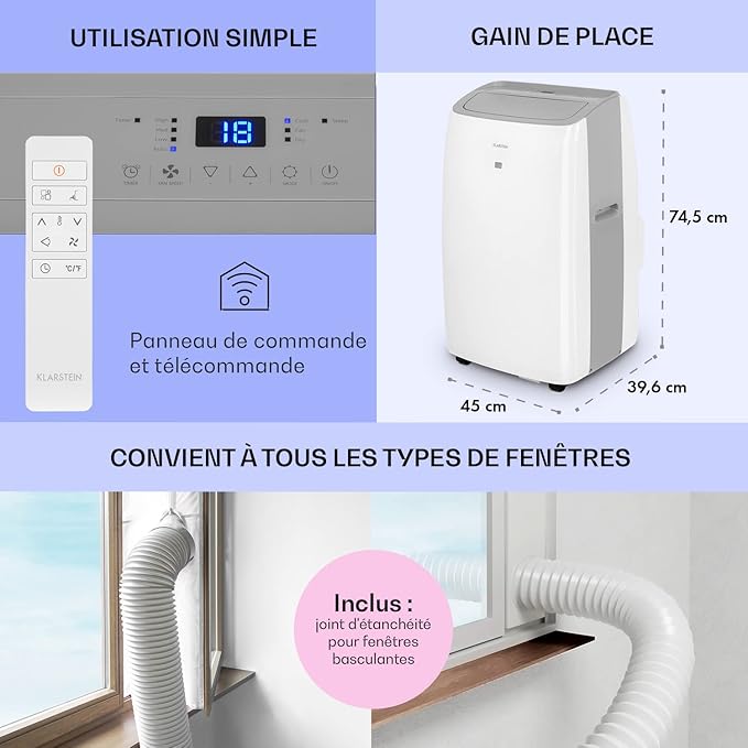 Aire Acondicionado Portátil Klarstein 12000 BTU – Classe A+, R290, SEER 13, Silencieux 63 dB