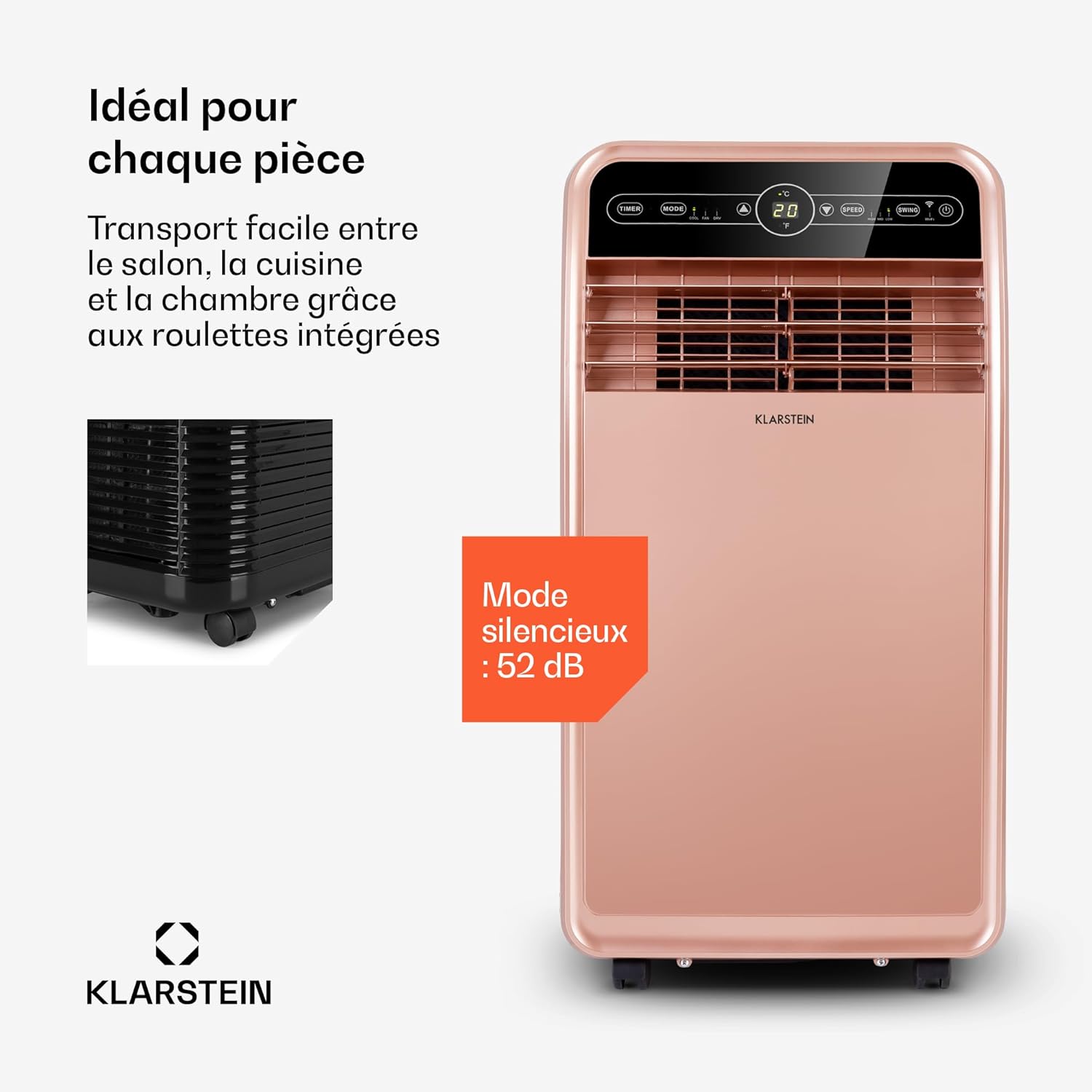 Aire Acondicionado Portátil Smart Klarstein 12000 BTU – Classe A, R290, Inverter, Connecté, 52 dB, Rose