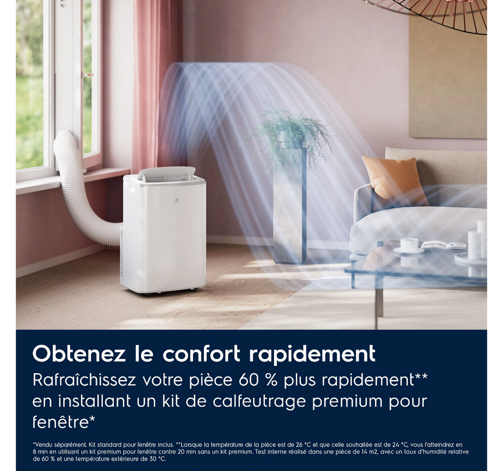 Aire Acondicionado Portátil Electrolux EXP26U339CW Comfort 600 – 2600 W, Classe A, R290, 64 dB