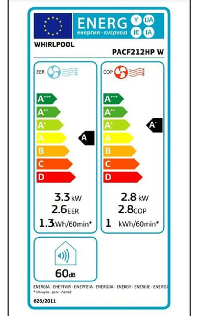 Aire Acondicionado Portátil Réversible Whirlpool PACF212HPW – 3300 W, Classe A/A+, R290, 6ème Sens