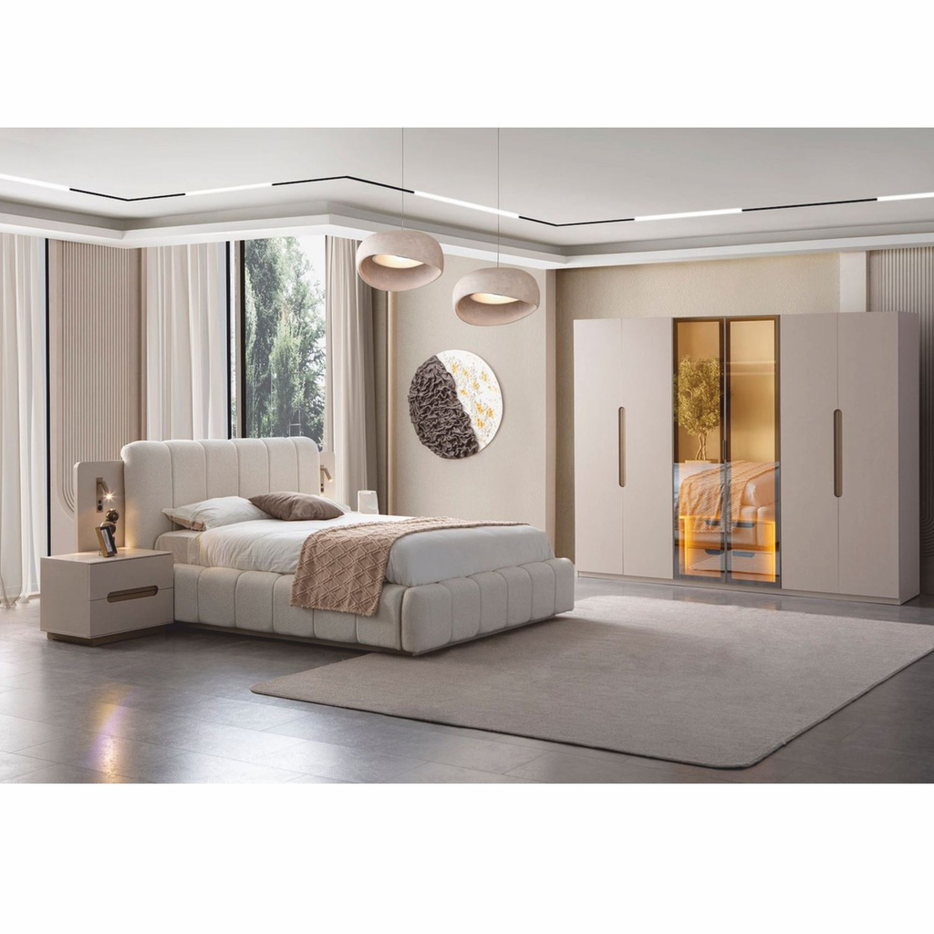 Juego de dormitorio de lujo Casa Padrino blanco / gris – 1 cama doble y 2 mesitas de noche