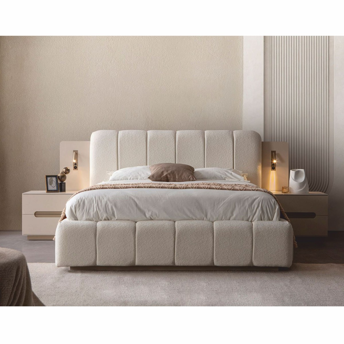Juego de dormitorio de lujo Casa Padrino blanco / gris – 1 cama doble y 2 mesitas de noche