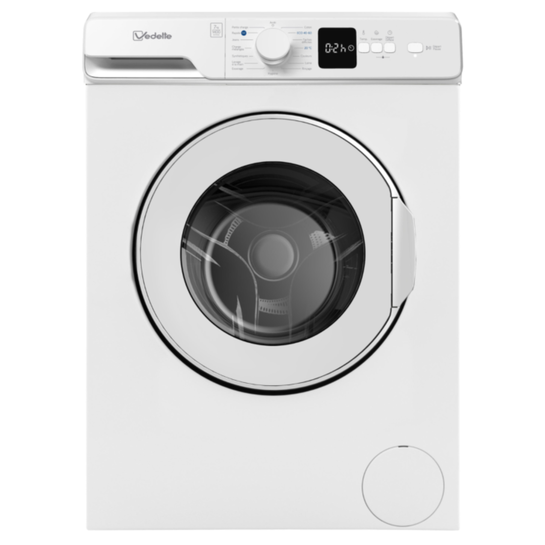 Lavadora LF Vedette LFV274W con puerta blanca y panel de control en la parte superior, vista frontal.