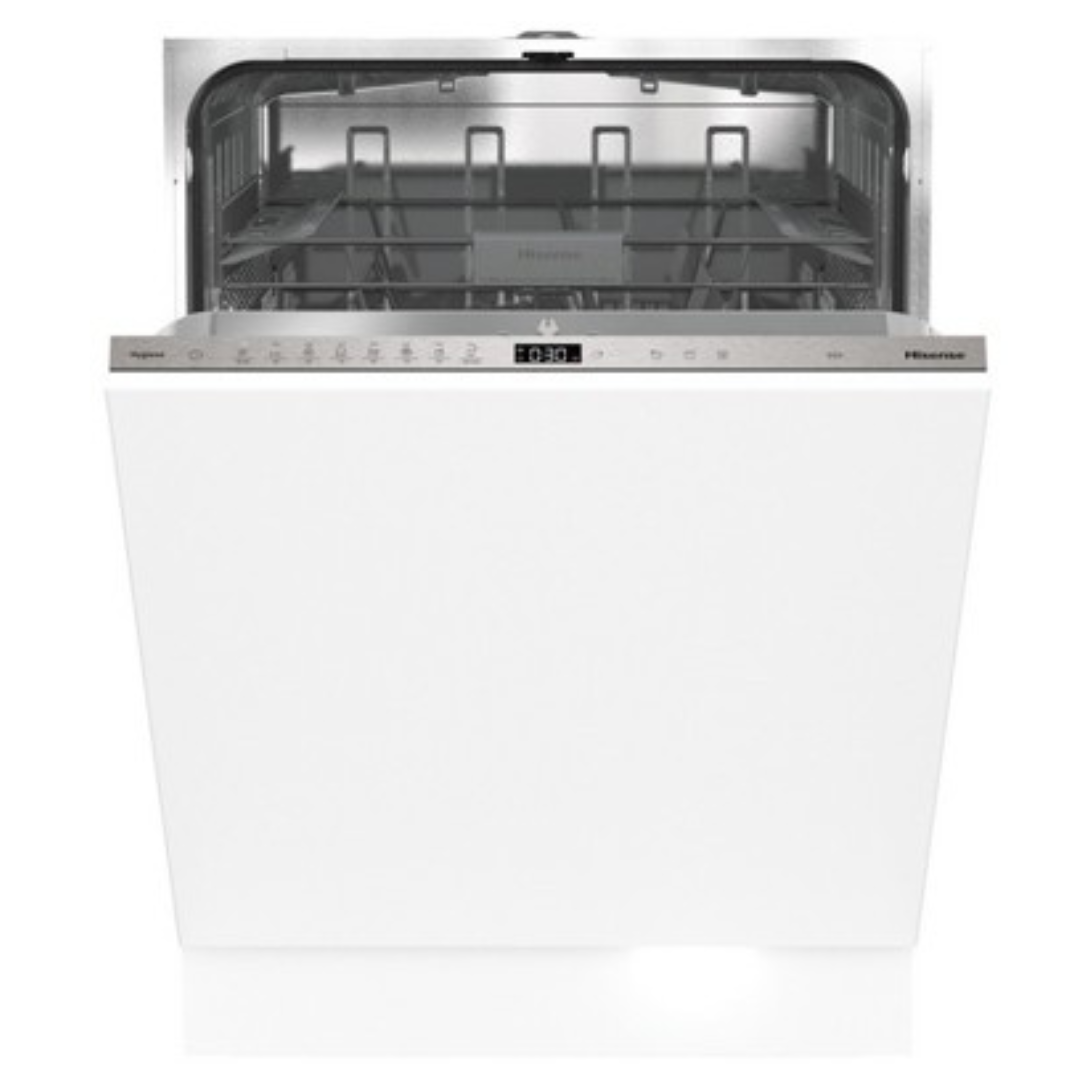 Lavavajillas Hisense HV662C60 avec porte ouverte, intérieur spacieux et paniers amovibles, vue de face.