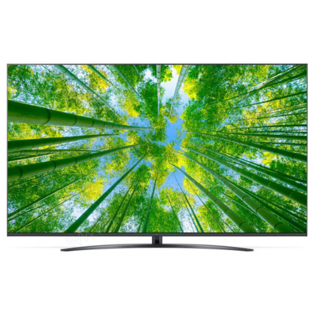 Televisión LG 75UQ81006LB.AEU con pantalla ancha, marco fino e interfaz moderna, mostrando una imagen clara y colorida.